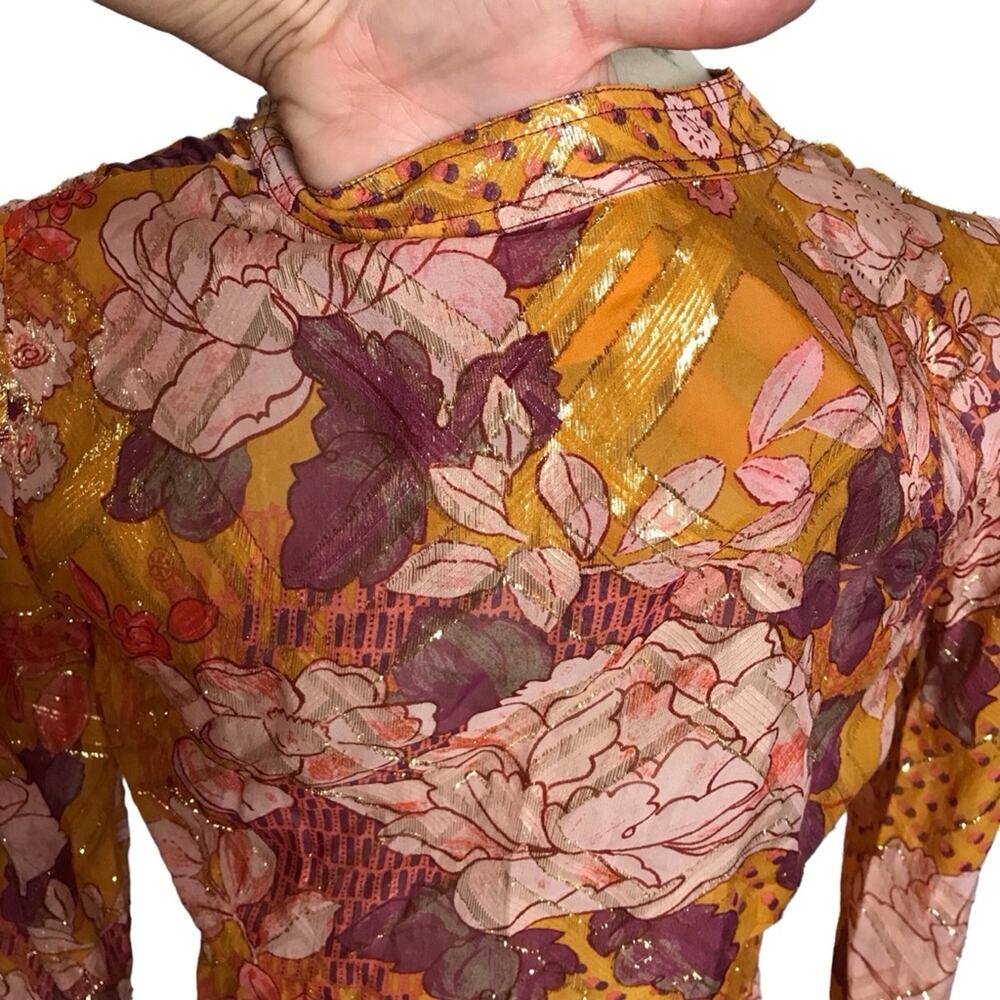 Tory Burch Metallic Silk Gold Orange Yellow Long Flutter Sleeve Tunic Blouse 6 - Picture 9 of 13